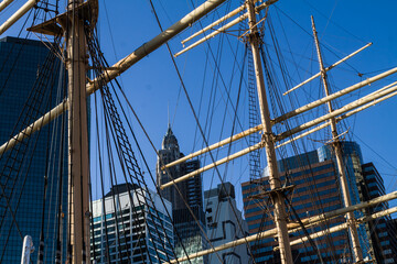 The Skyline of Lower Manhattan Through Ships Mast, New York, New York, USA