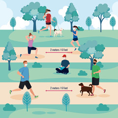 Social distancing between men and women with masks at park design of Covid 19 virus theme Vector illustration
