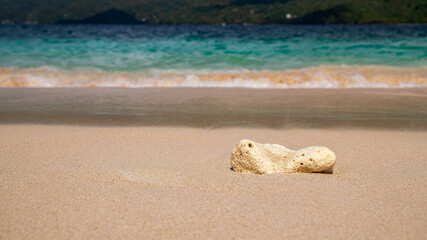 Karibischer Strand mit türkisfarbenen Wasser und bewölktem Himmel