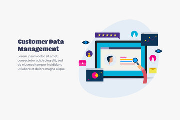 Customer profile data, customer database management, analysing customer profile online, buyer persona, digital marketing and smart advertising concept. Web banner with text.