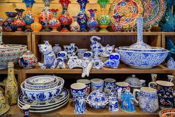 Montenegrin hand painted decorative pottery with a floral pattern in at a souvenir shop in Kotor...