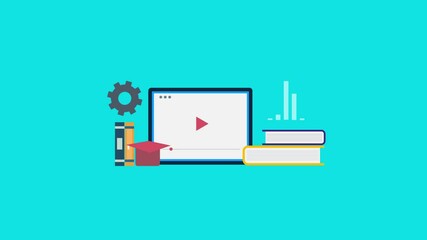 Online teaching and e-learning, digital classroom for online courses, webinar for online education or business training concept. 2d animation, 4k video clip.