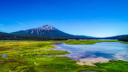 Aerial view of Mount Bachelor near Bend, Oregon in the summertime.
