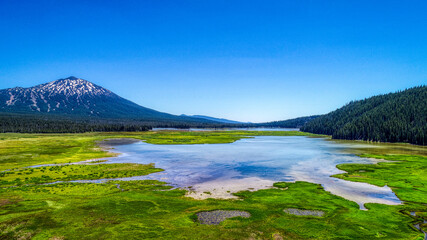 Aerial view of Mount Bachelor near Bend, Oregon in the summertime.