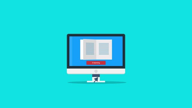 Online education, reading book displaying on computer screen, book page folding with mouse cursor, e-learning, study online application, digital course concept. 2d animation, 4k video clip.
