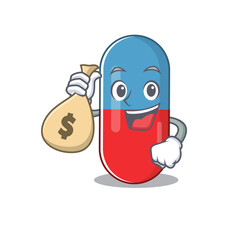 Crazy rich Cartoon picture of pills drug having money bags