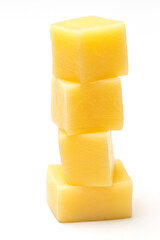 Close Up of Mozzarella Cheese Cubes Isolated on White Background