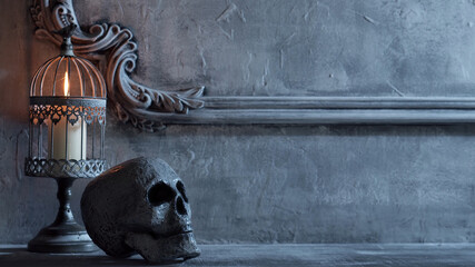 Mystical Halloween still-life background. Skull, candlestick with candles, old fireplace. Horror and witchery. - obrazy, fototapety, plakaty