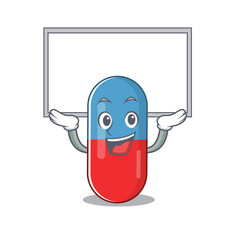Mascot character of pills drug rise up a white board