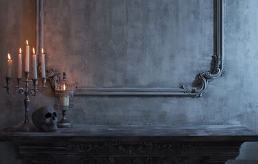 Mystical Halloween still-life background. Skull, candlestick with candles, old fireplace. Horror and witchery.