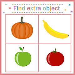 Card for children's development, Find an extra object that shows fruits and vegetables of a round shape, a banana of another shape that is superfluous. vector, illustration. Design of children's books