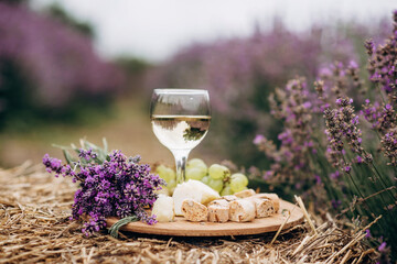 A glass of white wine, cheese, grapes, biscotti and a bouquet of flowers on a haystack among lavender bushes. Romantic picnic. Soft selective focus.