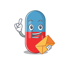 A picture of cheerful pills drug caricature design concept having an envelope