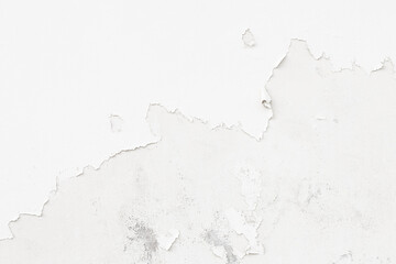 Peeling paint on old grunge white dirty concrete wall texture abstract background