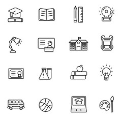 School and education icons collection draw in outline style isolated on white background 
