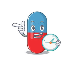 A picture of cheery pills drug holding a clock