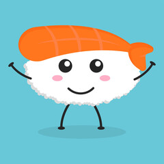 Cute flat cartoon sushi illustration. Vector illustration of cute sushi with a smiling expression. Cute sushi mascot design
