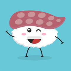 Cute flat cartoon sushi illustration. Vector illustration of cute sushi with a smiling expression. Cute sushi mascot design