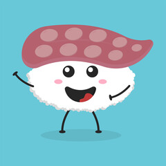 Cute flat cartoon sushi illustration. Vector illustration of cute sushi with a smiling expression. Cute sushi mascot design