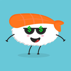 Cute flat cartoon sushi illustration. Vector illustration of cute sushi with a smiling expression. Cute sushi mascot design