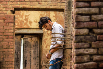 Obraz na płótnie Canvas young man leaning against brick wall