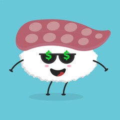 Cute flat cartoon sushi illustration. Vector illustration of cute sushi with a smiling expression. Cute sushi mascot design