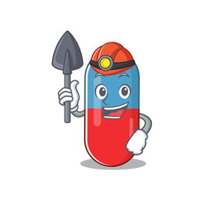 Pills drug cartoon image design as a miner with tool and helmet