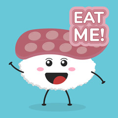Cute flat cartoon sushi illustration. Vector illustration of cute sushi with a smiling expression. Cute sushi mascot design