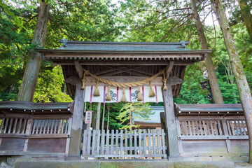 Suwa-taisha (Suwa Grand Shrine) Kamisha Honmiya in Suwa, Nagano Prefecture, Japan. Suwa Taisha shrine is one of the oldest shrine built in 6-7th century.