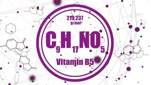 Pantothenic acid or vitamin B5 chemical formula. Connected lines with dots background.