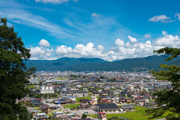 Suwa City view from Hokuto Shrine in Suwa, Nagano Prefecture, Japan.