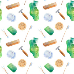 Seamless pattern elements zero waste Organic Logan, reusable makeup, homemade cosmetics, wooden comb, tooth bamboo brush, for menstruation 