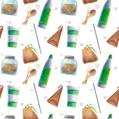 Seamless pattern elements zero waste Organic Logan, reusable makeup, homemade cosmetics, wooden comb, tooth bamboo brush