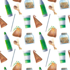 Seamless pattern elements zero waste reusable cup snack bag, metallized bottle, bamboo travel kit, cotton sacks