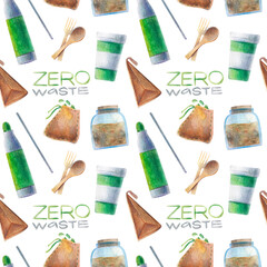 Seamless pattern elements zero waste with the name.  Reusable cup snack bag, metallized bottle, bamboo travel kit, cotton sacks