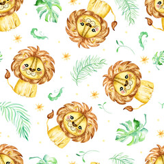 seamless tropical pattern with a lion. Watercolor cartoon lion savanna animal illustration. Jungle savannah tropical exotic summer print.