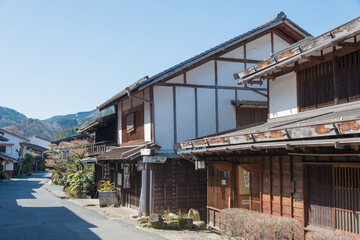 Tsumago-juku in Nagiso, Nagano, Japan. Tsumago-juku was a historic post town of famous Nakasendo trail between Edo (Tokyo) and Kyoto.