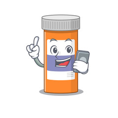 caricature character design style of pills drug bottle speaking on phone