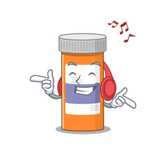 A Caricature design style of pills drug bottle listening music on headphone