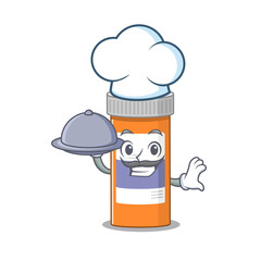 mascot character style of pills drug bottle chef serving dinner on tray