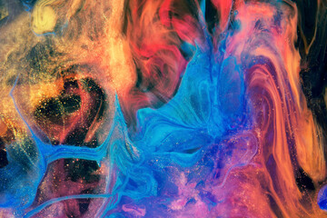 Obraz na płótnie Canvas Expressive swirls and colorful mixing. Depth and layering of the burst. Natural texture with bright and juicy color combinations in the dark.