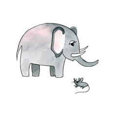 Huge elephant and small mouse. Watercolor illustration isolated on white.
