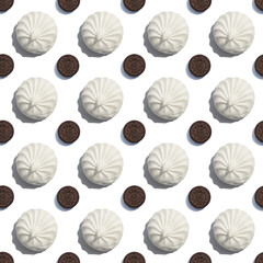 Seamless texture. Pattern created from brown cookies and a piece of marshmallows on a white background