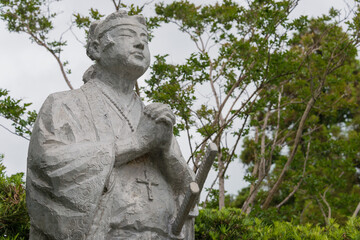 Statue of Amakusa Shiro (1621?-1638) at Remains of Hara castle in Shimabara, Nagasaki, Japan. He was led the Shimabara Rebellion, an uprising of Japanese Roman Catholics.