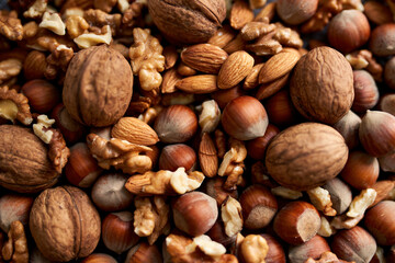 Mix of different nuts, background wiith walnuts, almonds and hazenuts