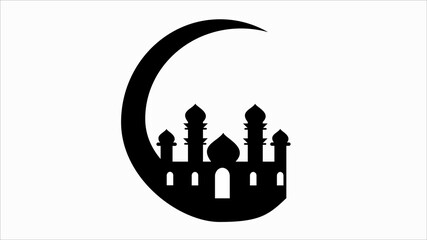 illustration of mosque and moon silhouette in black