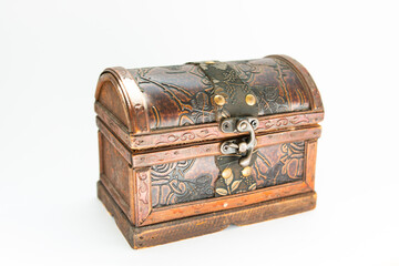 vintage wooden casket on a white background