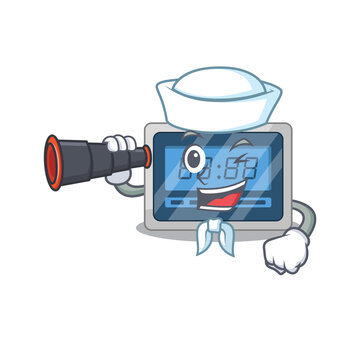 A cartoon picture of digital timer Sailor using binocular