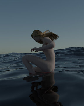 Illustration of young woman sitting in sea