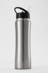 Full length grey aluminium waterbottle. Isolated on white background.